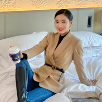 Khaki socialite suit jacket Formal female announcer host Art test fashion cashmere sweater suit pants three-piece set