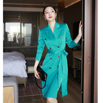 Zhang Niann customized lake water green olive green double-row buttoned with thin professional suit collar shirt with dress spring dress