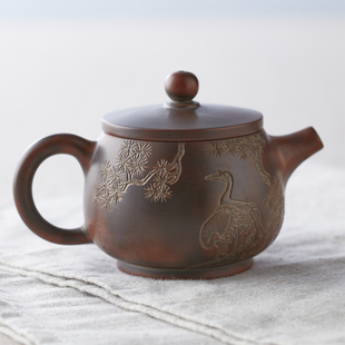 原矿 广西钦州坭兴陶壶 窑变特色 纯原矿全手工雕刻浮雕松鹤延年茶壶