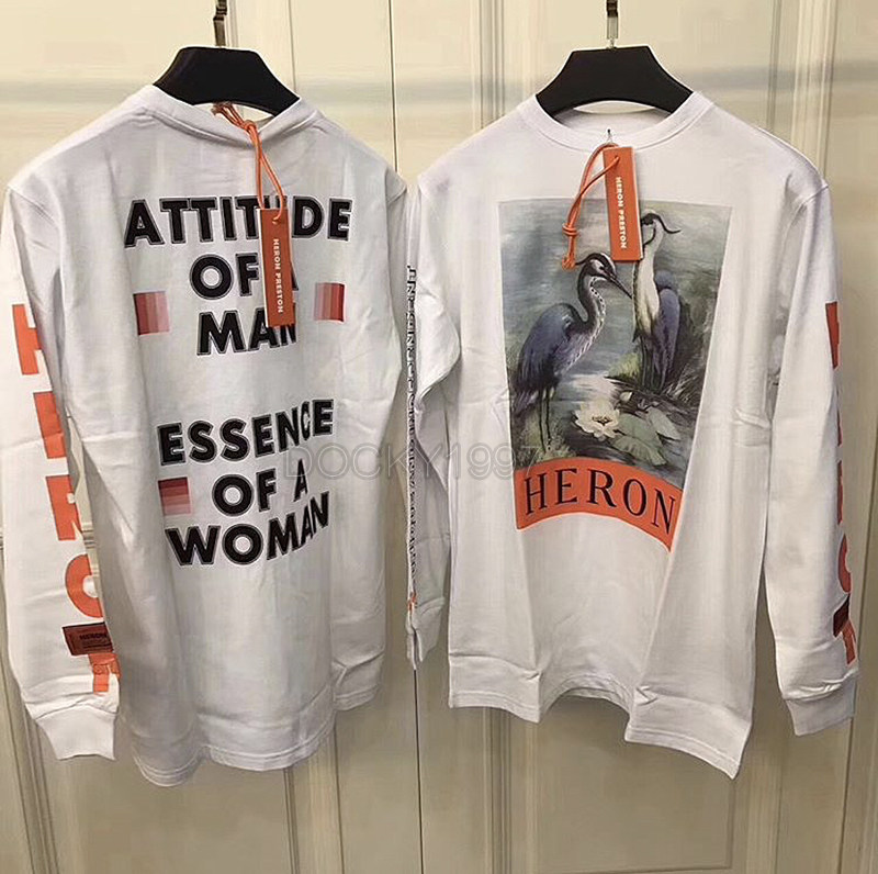 heron preston t-shirt 17fw复古仙鹤印花长袖tee白色圆领t恤情侣_7折