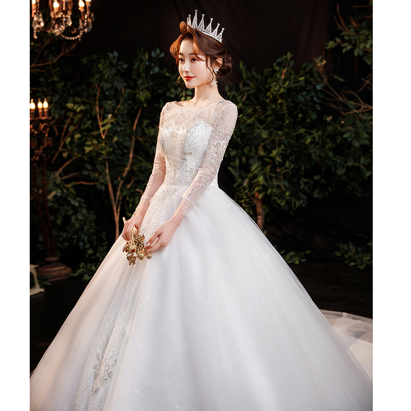 Long-sleeved main wedding dress 2023 new bride Mori series small French style high-quality texture pregnant women light gauze with big tail