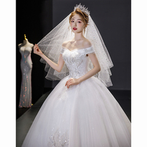 One-word shoulder main wedding dress 2021 New temperament bride simple atmosphere small woman pregnant woman thin princess style