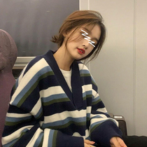 Sweater Retro Day Ensemble LAZY SPRING AUTUMN NEW DONT MAKE BLOUSES KOREAN VERSION LOOSE BLUE STREAKS V COLLAR TEXTURED JERSEY WOMAN