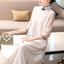 Chinese style retro elegant womens improvement Hanfu cheongsam dress literary super fairy hand-painted Zen tea clothing female summer