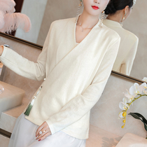 Tang suit jacket improved Hanfu collar Chinese knitted jacket Zen womens tea dress womens thick autumn and winter clothes