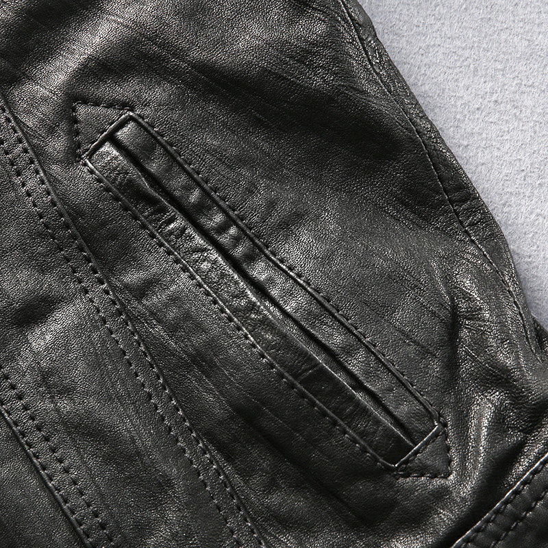 植鞣山羊皮皮衣真皮皮衣男士休闲翻领褶皱机车款春秋季潮男装夹克