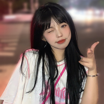 Wig female summer hair natural simulation full head set Net red round face air bangs black long straight hair wig set