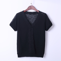 Large size womens summer New loose ultra-thin knitted short sleeve T-shirt fat sister 2020 lace stitching V-neck top