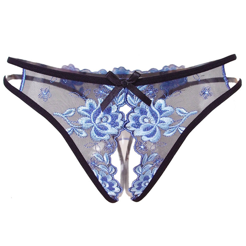 3条装刺绣内裤女 开裆刺绣透明网纱露毛开裆性感诱惑情趣三角裤头