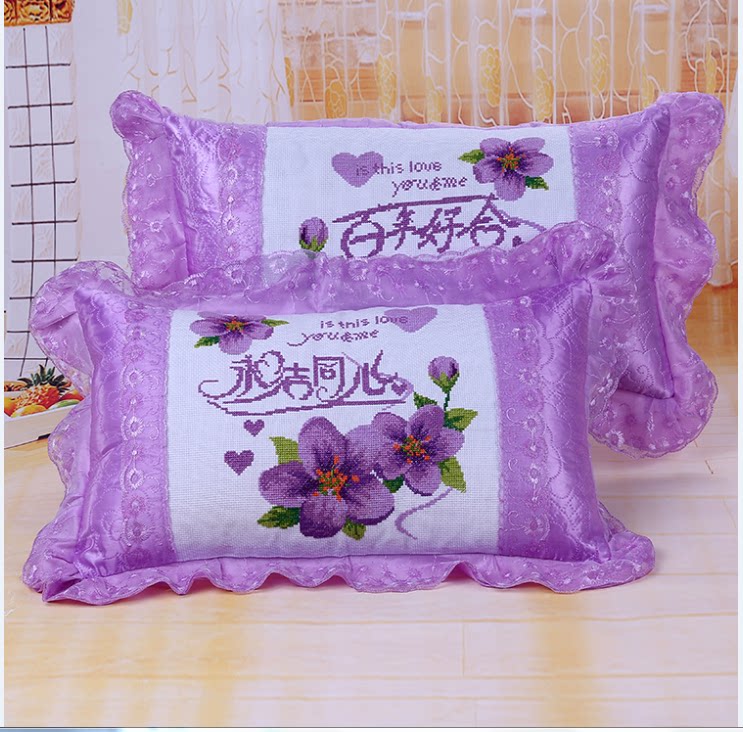 包邮纯手工十字绣单人枕头成品十字绣新款枕头套蕾丝现货一对_7折现价