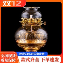 Windproof liquid oil lamp alloy glass lotus butter lamp adjustable Buddha lamp for home vintage candle holder