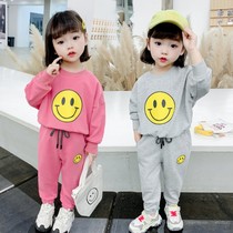Childrens suit autumn dress new 2021 female treasure smiley face sweatshirt two-piece set girls clothing net red fashion clothes foreign