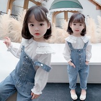 Girls denim suspender pants set childrens autumn wear new Korean version two-piece set of female treasure net red explosive childrens clothing