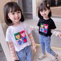 Girls cotton T-shirt long sleeve top autumn dress children Korean version fake two pieces of sweatshirt foreign baby girl net red clothes 2