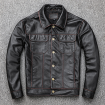 Ami Kachi edging old leather leather mens denim buckle leather first layer cowhide motorcycle leather jacket jacket