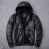 Hooded leather leather mens head layer Sheepskin slim simple leather jacket thin slim single leather jacket