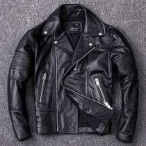 The first layer of cowhide leather leather clothing mens short slim lapel motorcycle leather jacket Maple leaf embroidery couple with the same leather clothing