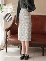 Sukumoto plaid skirt womens 2021 spring new mid-length high waist thin lace stitching thin straight skirt
