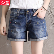  Denim shorts womens summer 2021 embroidery new Korean version loose thin high waist wild plus size wide leg tide