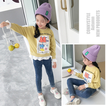  Childrens sweater womens spring and autumn new childrens clothing womens middle and large childrens fake two-piece top Korean version of the girl cartoon pullover