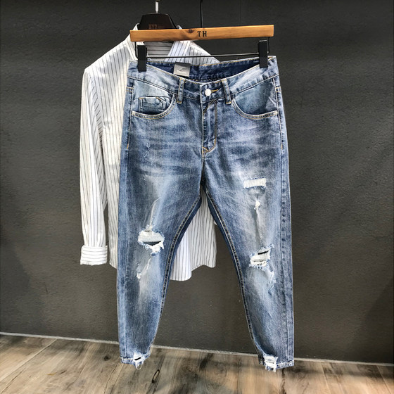 Chao Nanxin Korean version of Slim Elastic Nine -point Light Blue Small Jeans Society Youth Youth Fast Hands Douyin wild Chao Nanxin Korean version of Slim Elastic Nine -point Light Blue Small Jeans Society Youth Youth Fast Hands Douyin wild