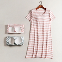 Female summer Nordic simple pure cotton with chest pad pajamas bra cup one loose home wear long nightgown