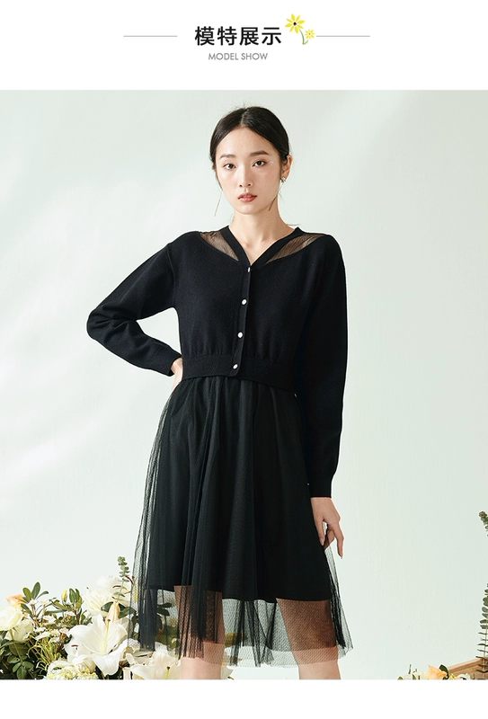 Sản phẩm mới dành cho phụ nữ năm 2021 của Roem tính khí khâu lưới là váy đen mỏng cổ chữ v tính khí váy nhỏ - Sản phẩm HOT
