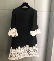 Spot socialite small black skirt hollow embroidered elegant black flared sleeve lace wool silk dress