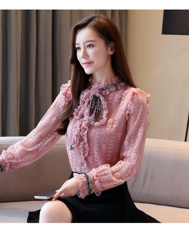 Áo ren nữ mới mùa thu 2020, áo sơ mi voan dài tay cho nữ, nơ ren, áo sơ mi có đáy sang trọng - Áo sơ mi chiffon ren