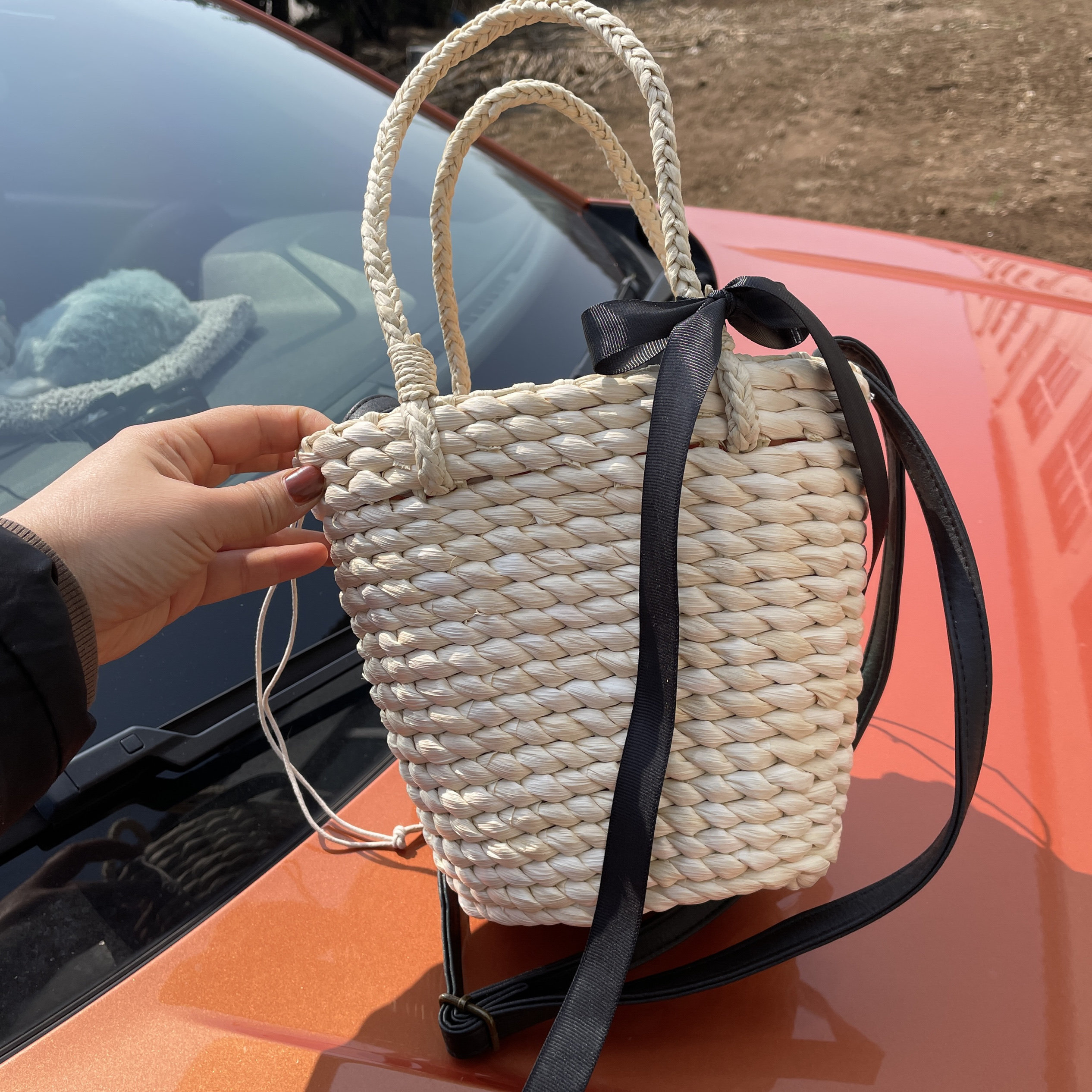 出口日本新款玉米皮手编小菜篮子包 蝴蝶结斜挎包 夏海边草编包