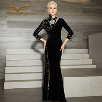 Creative fox black dress female 2021 new improved cheongsam velvet banquet host dress long performance suit