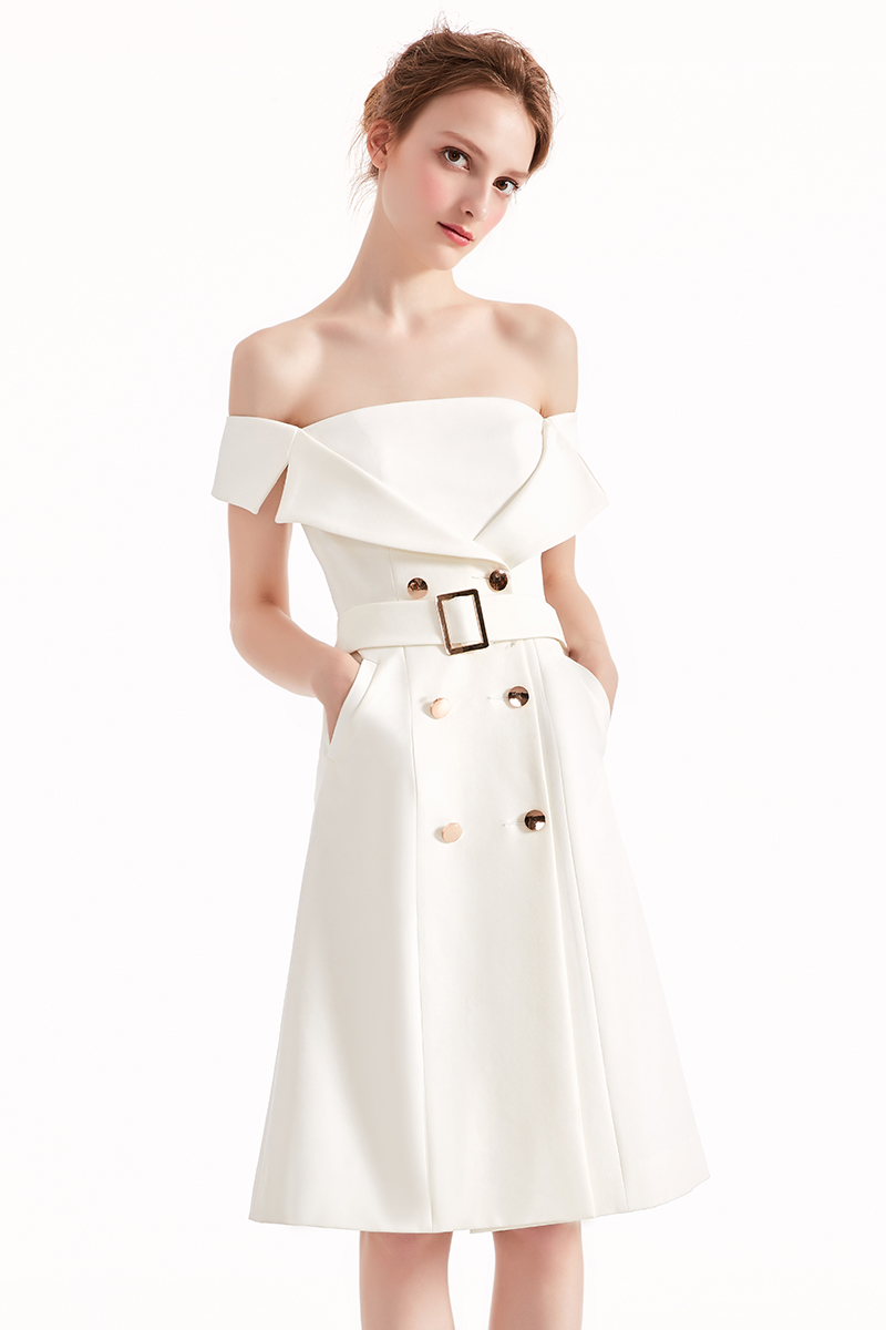 创意狐白色一字肩晚宴礼服连衣裙短款时尚性感晚礼服短袖生日礼服