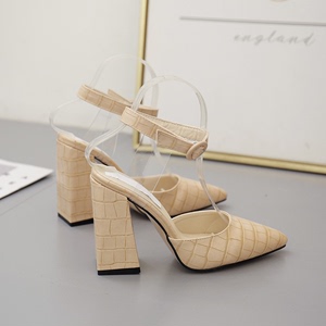 2020 summer new stone pattern pointed thick heel high-heeled shoes