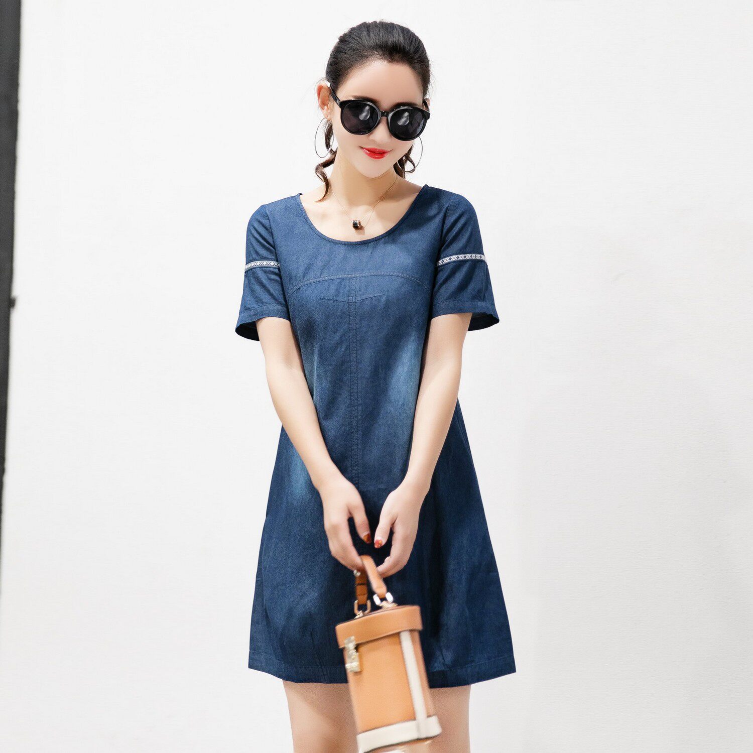 2017夏季夏装中长新款女装韩版休闲显瘦a字短袖牛仔连衣裙子薄款