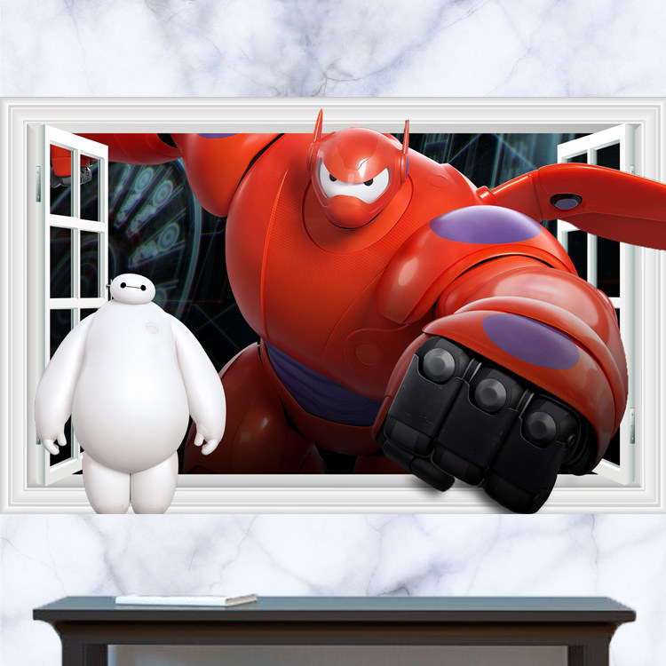 假窗户墙贴立体超能陆战队大白变形机器人儿童房家居装饰防水贴纸