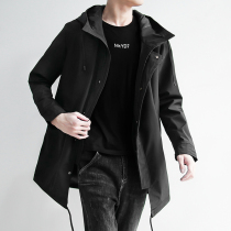 Spring mens windsuit with long black coat in black jacket new trend big code loose even hat jacket The Beatles The mens cotton clothing