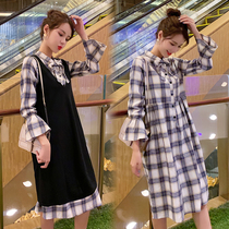 Autumn pregnant women set fashion casual plaid dress long vest dress two-piece autumn and winter maternity