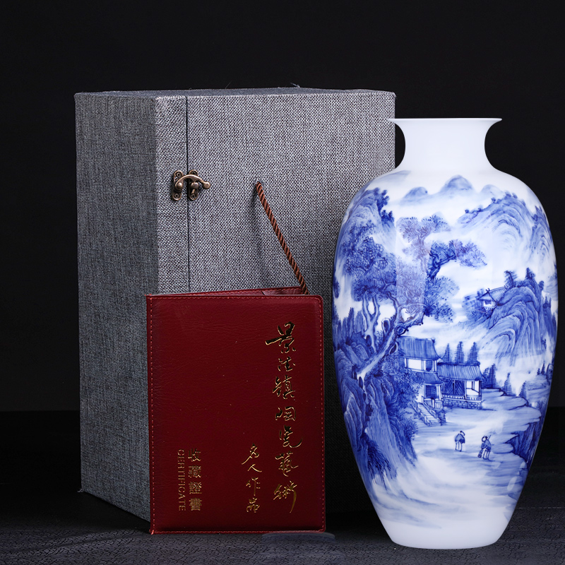 Jingdezhen blue and white porcelain vases, pottery and porcelain large hand - made songshan friends sitting room place of new Chinese style household act the role ofing is tasted