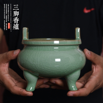 Longquan celadon incense burner home for Buddha offering large ceramic Ceremonia Buddha hall type three-legged double ear incense burner