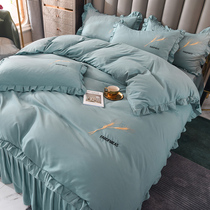 Korean bed skirt four-piece solid color embroidered love sheets quilt cover fairy line cotton bedding three-piece set