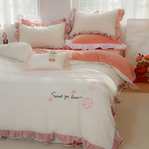 Simple cotton double-sided milk velvet sheets four-piece solid color Falaise Coral velvet non-slip bedspread lace quilt cover