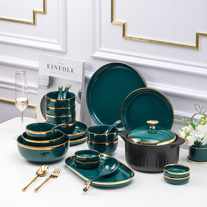 Dishes set home light luxury emerald gold edge bowl plate combination housewarming tableware set bowl home 2022 new model