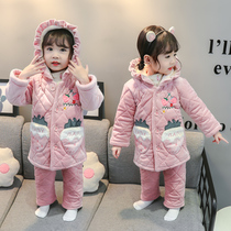 Girls cotton pajamas winter plus velvet thickened childrens three-layer cotton home clothing childrens baby winter suit long