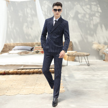 Striped double-breasted suit Mens studio photo handsome slim-fitting dress youth stage performance suit three-piece suit