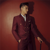Korean version of the new host dress mens slim studio mens suit double-breasted suit dark burgundy performance suit