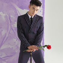 Striped suit suit male street shooting singer stage performance slim-fitting dress double-breasted studio photo youth suit