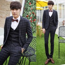 Plaid suit suit Male slim singer performance suit Studio photo handsome dress Teen host suit