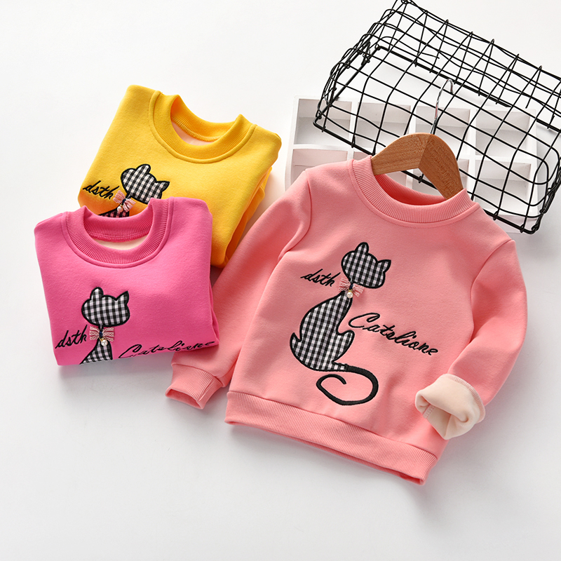 Children's clothing plus velvet clothing 2021 Winter New products Children's kitty cloth Embroidered blouses female baby Han version hooded sweatshirt