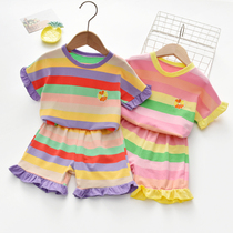 Girls Rainbow Stripe Set New Baby Cotton Western Style Joker Two-piece Childrens Loose Shorts