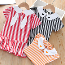 Girls Striped Skirt 2020 New Girl Baby Summer Baby Collar Love Print Short Sleeve Princess Skirt Small Childrens Clothing